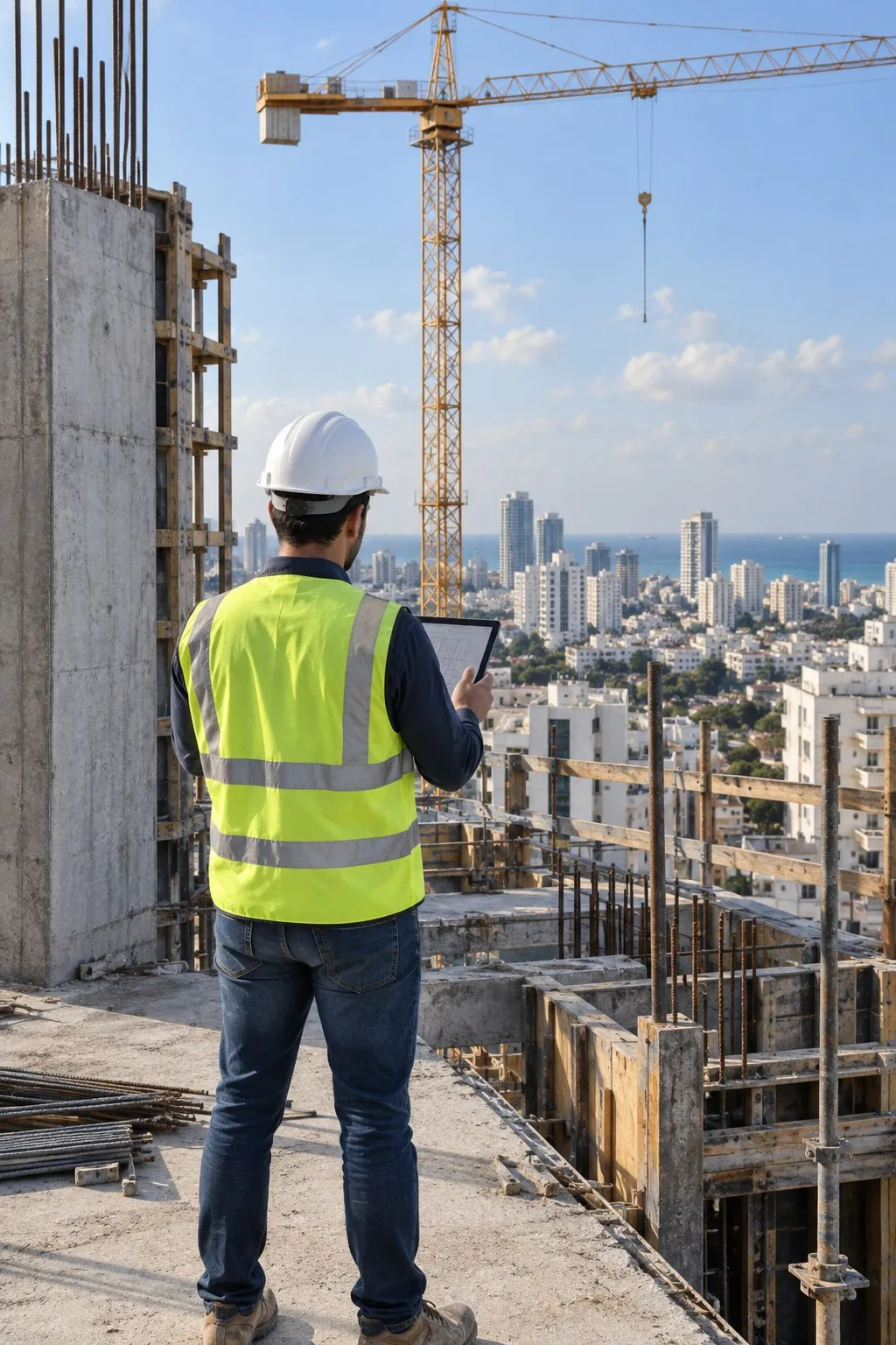 מפקח בנייה עם טאבלט על תקרת בניין בבנייה, מול קו החוף